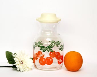 Vintage Orange Juice Glass Carafe with Fruit Design w Plastic Lid