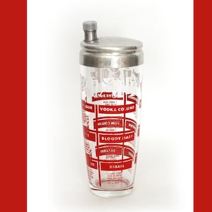 Vintage Glass Cocktail Shaker with Drinks Recipes Graphics Metal Top