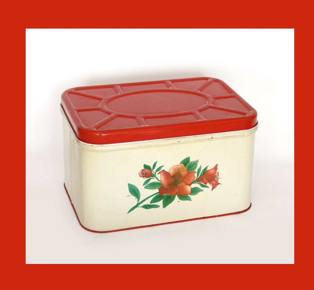 Vintage Tin Metal Bread Box Hinged Red Lid 1950's Etsy