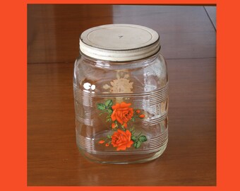 Vintage 1940's Hazel Atlas Ribbed Glass Jar with Metal Lid Rose Decal