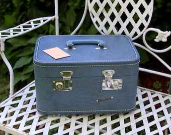 Vintage Blue Monarch Train Case/Cosmetic Case with Mirror and Key