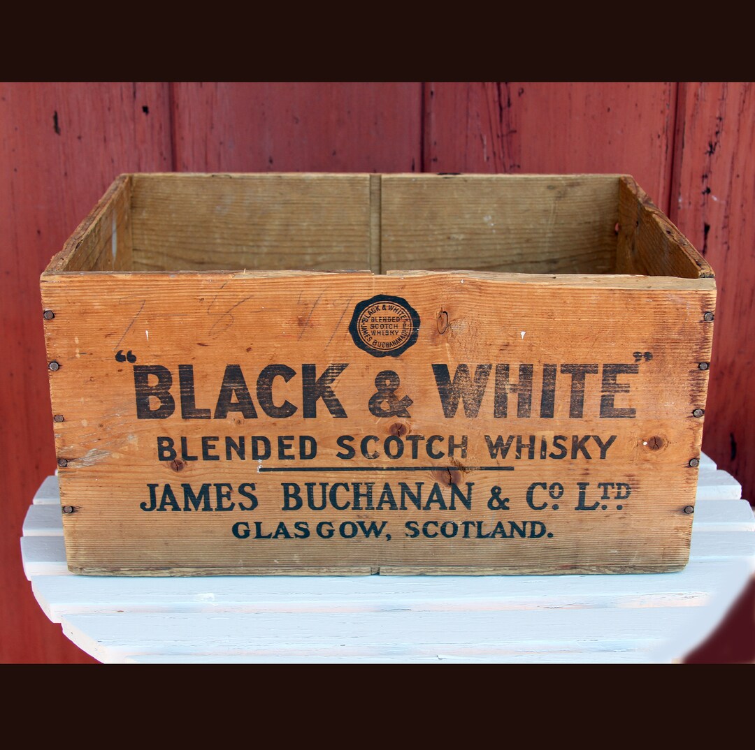 Vintage Black & White James Buchanan Scotch Whiskey Wooden Crate