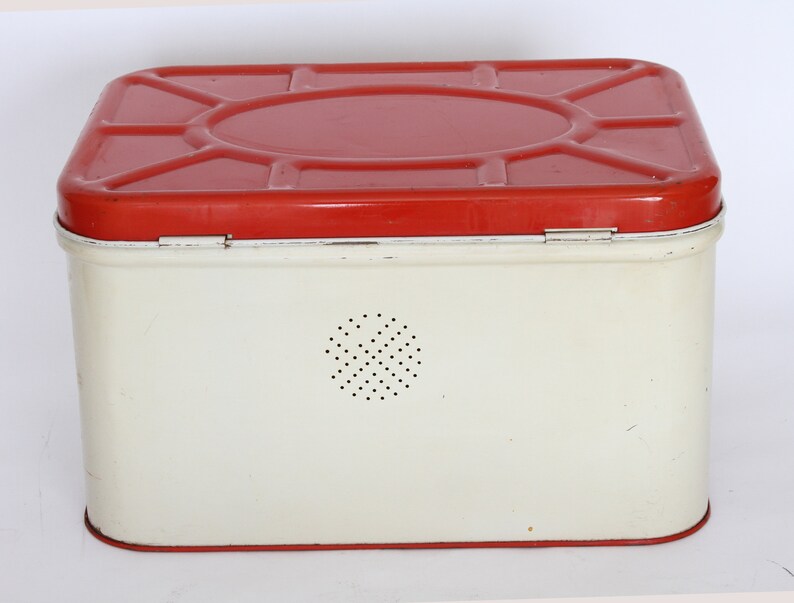 Vintage Tin Metal Bread Box Hinged Red Lid 1950's Etsy