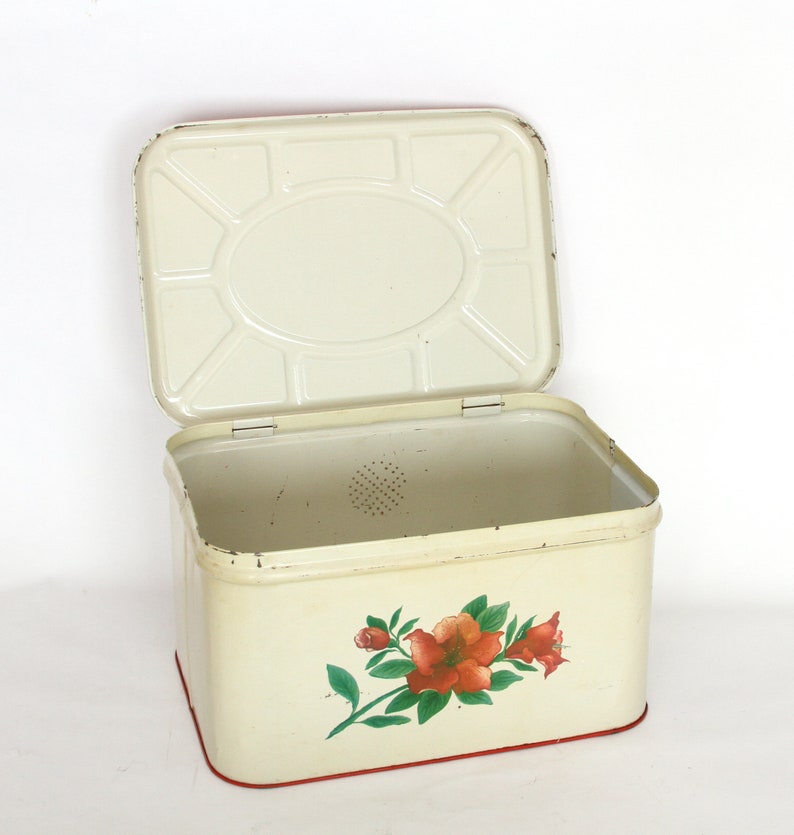 Vintage Tin Metal Bread Box Hinged Red Lid 1950's Etsy