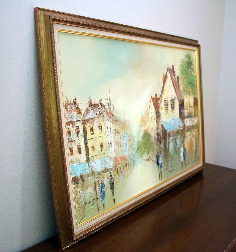 Mid Century Modern Impressionist Painting, Street Scene Framed Signed Original Artwork 23 x 19 main image 0