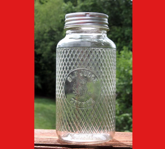 Vintage OLD JUDGE Glass Coffee Jar With Zinc Lid 