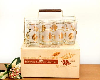 Vintage Libbey Golden Foliage Set of 8 Tumblers with Caddy New in Box
