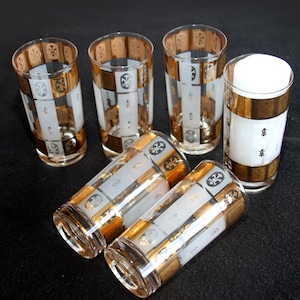 Fred Press Signed Mid-Century Gold Fleur De Lis  Highball Glasses Set of 6