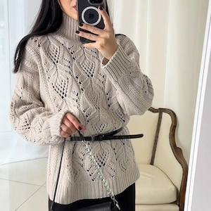 9-ply 100% Cashmere Chunky Lace Knit Oversize Sweater in Champagne by Elsante Atelier