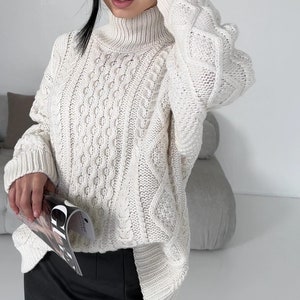 100% Cashmere Cable Knit Oversized Turtleneck Sweater in Optical White by Elsante Atelier