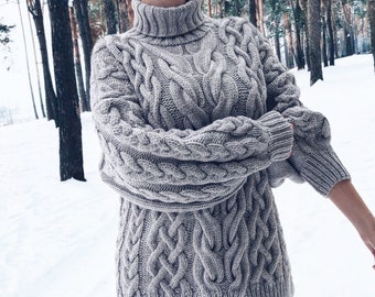 Cable Knit Oversize Turtleneck Sweater - Chunky Cozy Handmade Sweater - Warm Fall Winter Women's Sweater