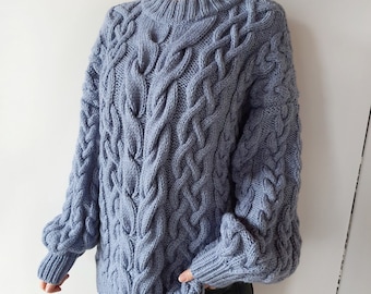 Chunky Cable Knit Oversize Crew Neck Handmade Sweater Elsante Atelier