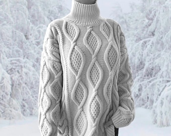 Merino Cable Knit Oversize Sweater Dress - Knitted Handmade Cozy Warm Womens Sweater Dress