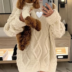 Alpaca and Merino Cable Knit Oversize Sweater Dress - Knitted Handmade Cozy Warm Womens Fall Winter Sweater Dress