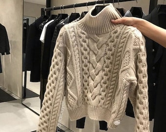 100% Cashmere Cable-Knit Turtleneck Sweater - Gorgeous Fall Winter Sweater