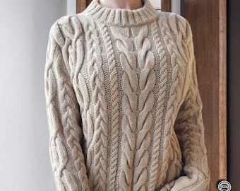 100% Cashmere Cable Knit Handmade Round Neck Sweater