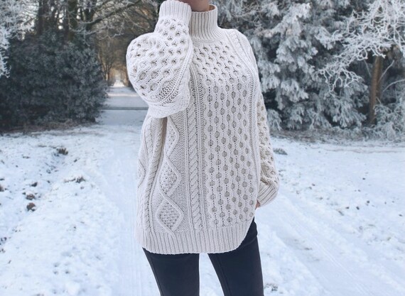 100 Cashmere Cable Knit Oversize Sweater Knitted Handmade Cozy