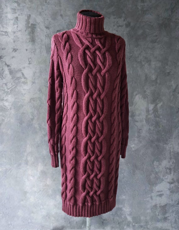 Merino Wool Cable Knit Turtleneck Sweater Dress - Knitted Cozy Warm Fall Winter Womens Sweater Dress