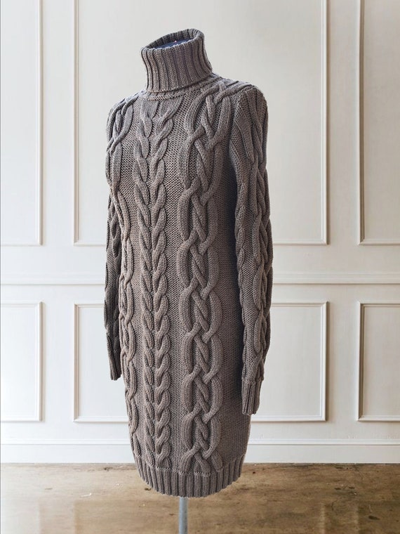 100% Merino Wool Cable Knit Turtleneck Sweater Dress