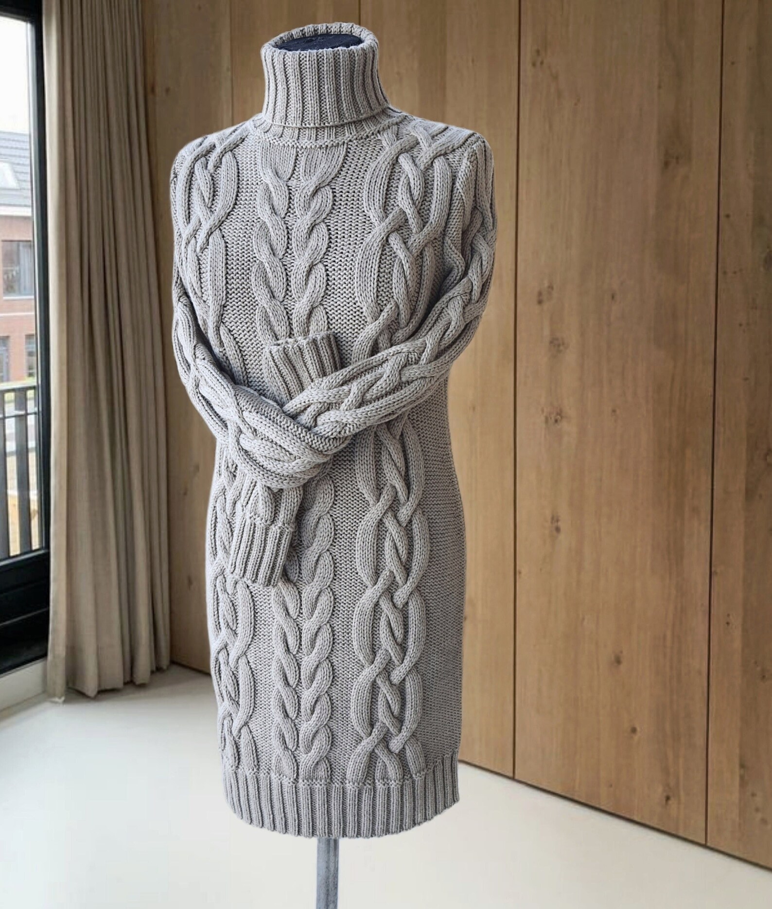 Winter Comfy Chic Turtleneck Long Sleeve Fisherman Cable Knit Maxi Sweater Dress