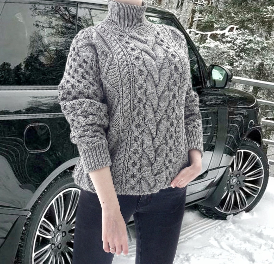 100 Qiviut Cable Knit Turtleneck Oversize Sweater Knitted Handmade