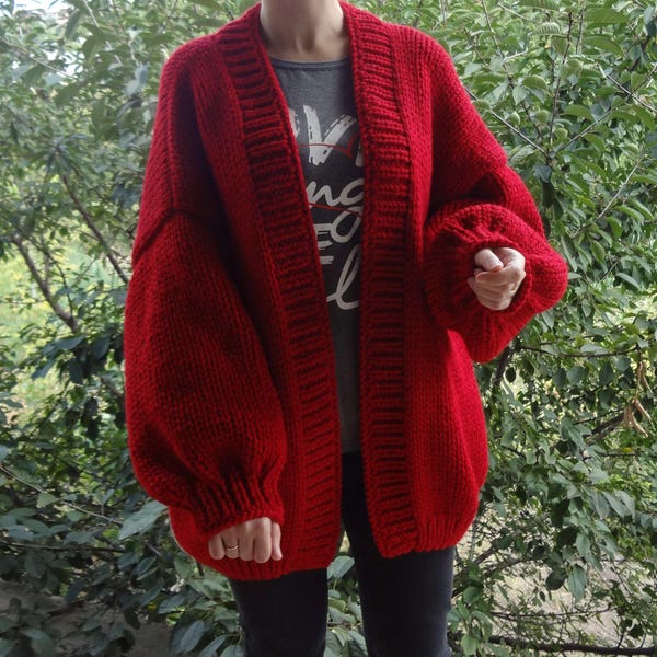 Chunky handmade cardigan - Cozy knitted cardigan - Warm red cardigan - Women's oversized winter fall clothes