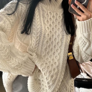100% Cashmere Cable Knit Oversized Turtleneck Sweater in Natural White by Elsante Atelier