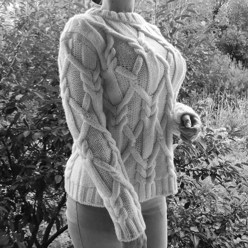 Chunky Cable Knit Sweater Cozy Handmade Sweater Warm White Etsy