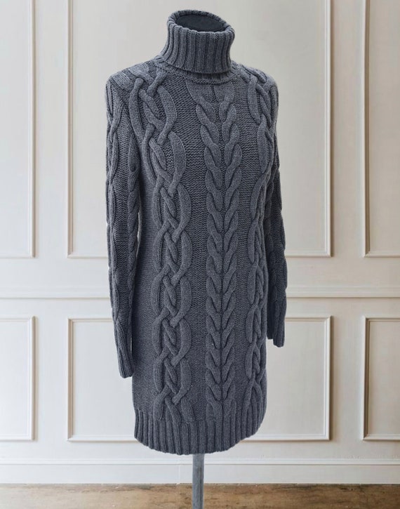 Cashmere Blend Cable Knit Turtleneck Sweater Dress