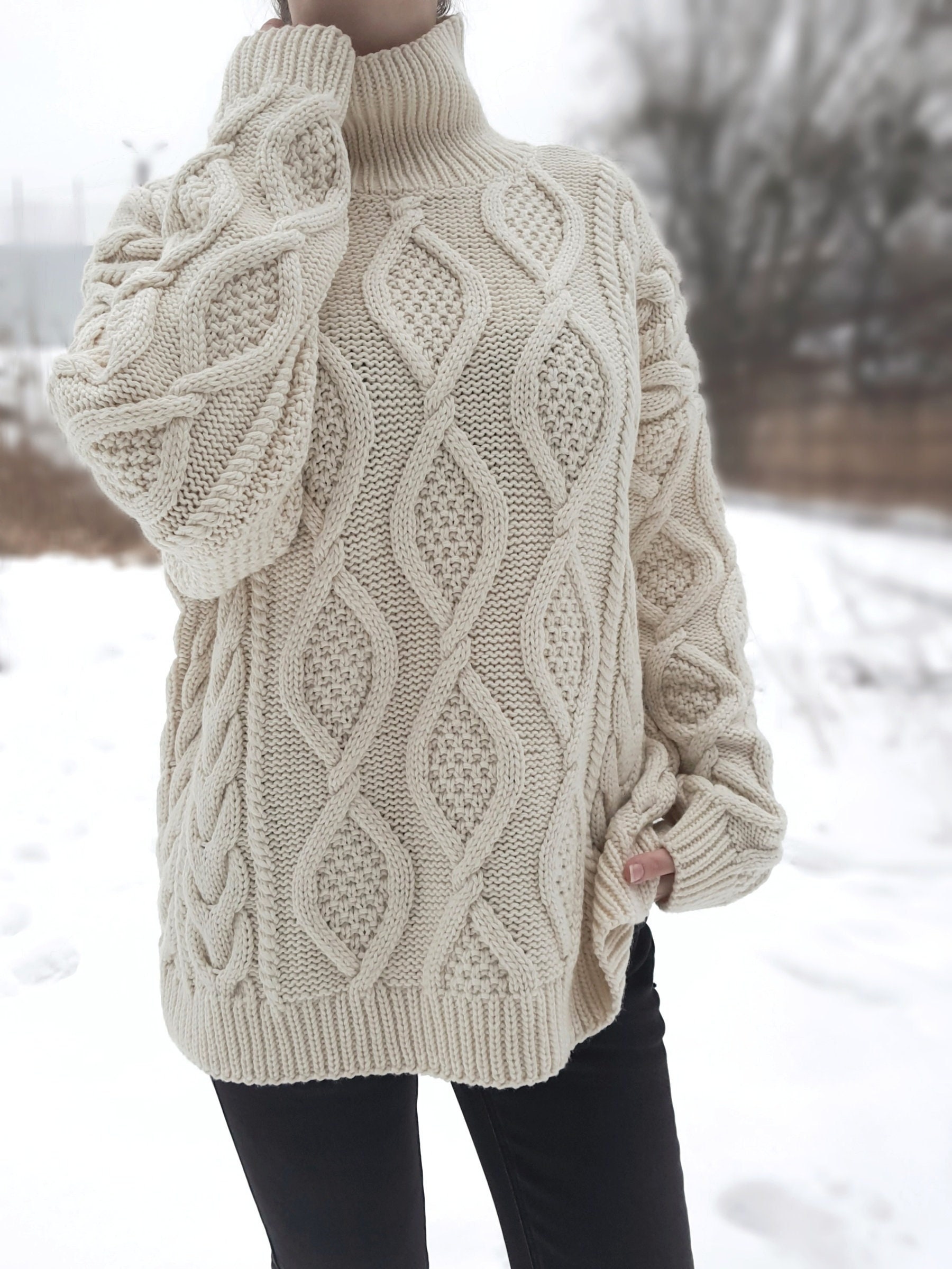 100% Cashmere Cable Knit Oversize Sweater - Knitted Handmade Fall Winter Womens Sweater