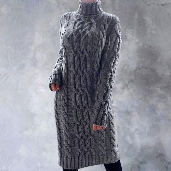 100% Cashmere Oversize Cable Knit Turtleneck Sweater Dress - Cashmere Handmade Cozy Warm Sweater Dress