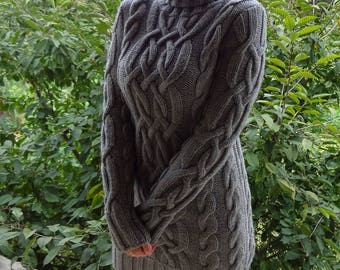 100% Cashmere Cable Knit Turtleneck Sweater Dress in Dark Grey by Elsante Atelier