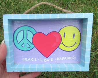 Peace Love Happiness Shadow Box Hanging Wall Sign Retro
