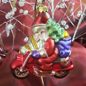 Vintage Blown Glass Santa on Motorcycle Hanging Ornament