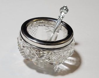 Vintage Crystal / Glass and Sterling Silver Salt Dish with Sterling Spoon