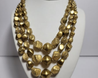 50s/60s Vintage Unique Design Shimmering Golden Bead 3 Strand STATEMENT Necklace