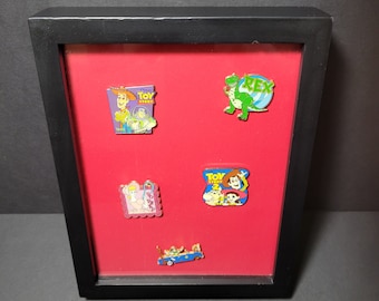 Vintage 90s "Toy Story" Disney Pins in Shadow Box Frame Woody/Buzz/Bo Peep/Rex/Jessie/Bullseye/Mr. Potato Head