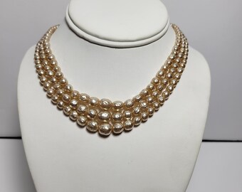 Early MIRIAM HASKELL Baroque Glass Faux Pearl 3-Strand Necklace Double Signed