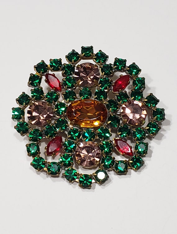 Broche Vintage Cristal Rouge Vert Métal Doré - Occasion - Réf. K34