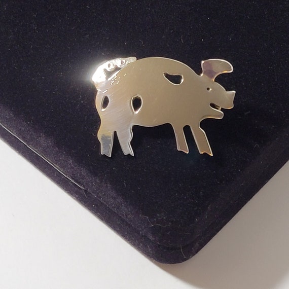 Vintage STERLING Silver Pig Brooch 60s/70s Signed… - image 1