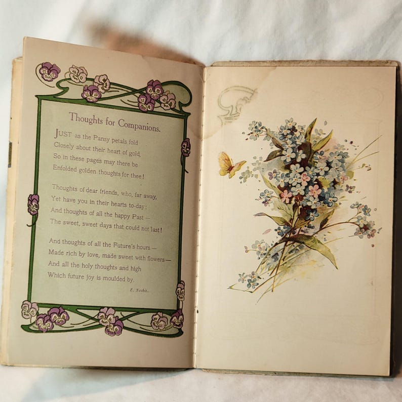 May include: Open book with a poem titled "Thoughts for Companions" on the left page, and a floral illustration with a butterfly on the right. The poem is in black ink, and the floral illustration features blue and white flowers.