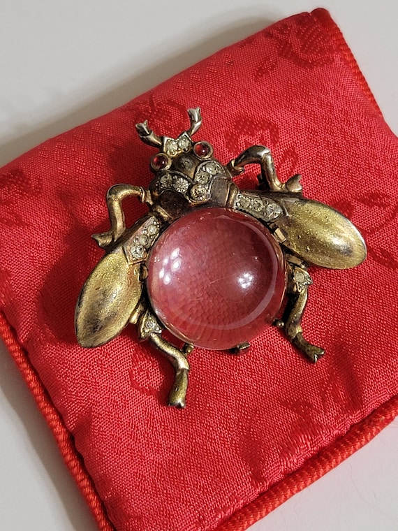 Broche Vintage Trifari Alfred Philippe - Abeille En Lucite 'Jelly Belly' - Argent 925 Et Faux Diamants