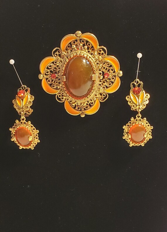 60's Vintage Brooch and Clip-On Earrings Orange S… - image 3