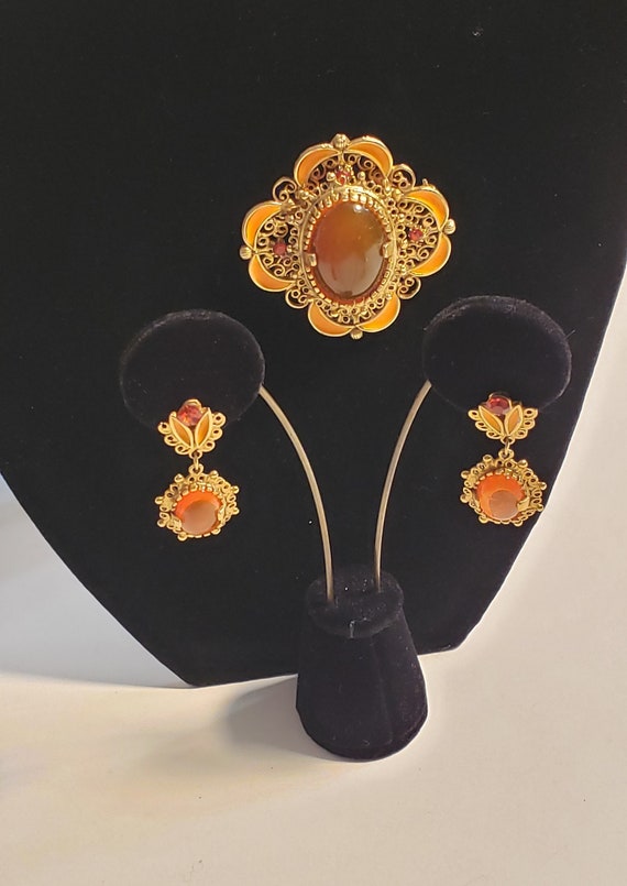 60's Vintage Brooch and Clip-On Earrings Orange S… - image 1