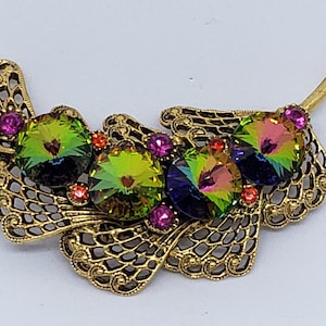 Vintage Brooch/Pin with Watermelon Rivoli Stones Beautiful and Unique! Rainbow Colors