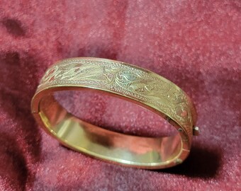 Antique Gold Filled Bangle Bracelet Signed B & B Engraved with Scrolling Vine