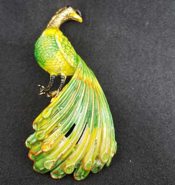 50's Enameled Peacock Brooch - image 4