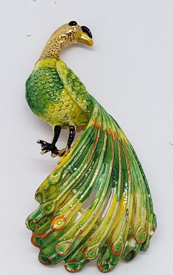 50's Enameled Peacock Brooch - image 3