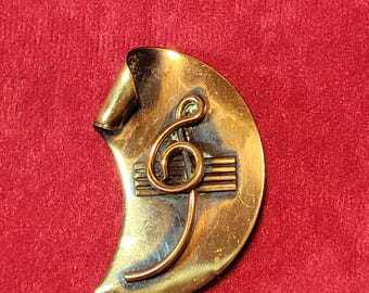 Vintage 1950s Copper Treble Clef Pin 2" Musical Note Brooch