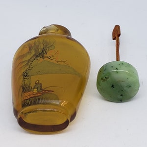 Vintage Glass Snuff Bottle Reverse Painted with Jadeite Cap